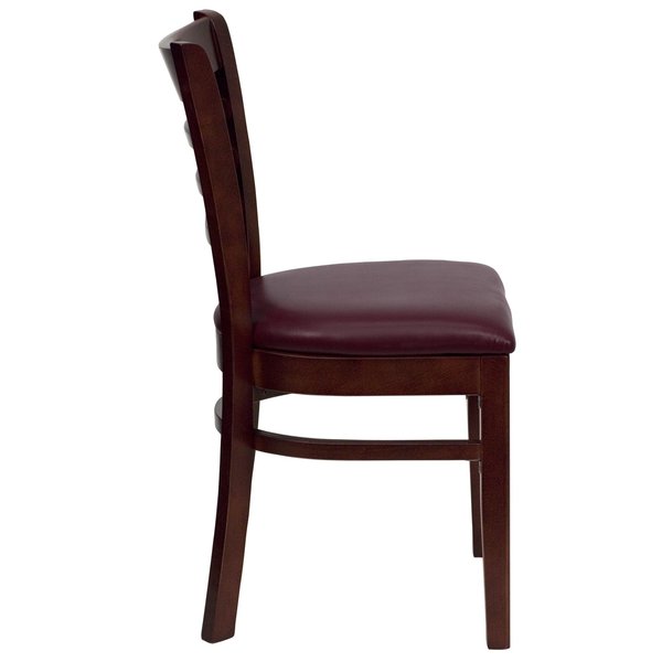 Ladder Back Mahogany Wood Restaurant Chair, Burgundy Vinyl Seat, PK2