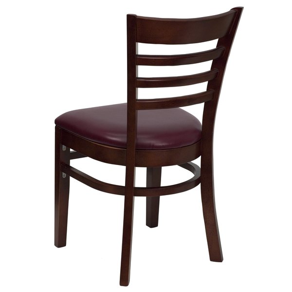 Ladder Back Mahogany Wood Restaurant Chair, Burgundy Vinyl Seat, PK2
