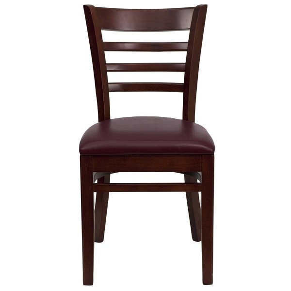 Ladder Back Mahogany Wood Restaurant Chair, Burgundy Vinyl Seat, PK2