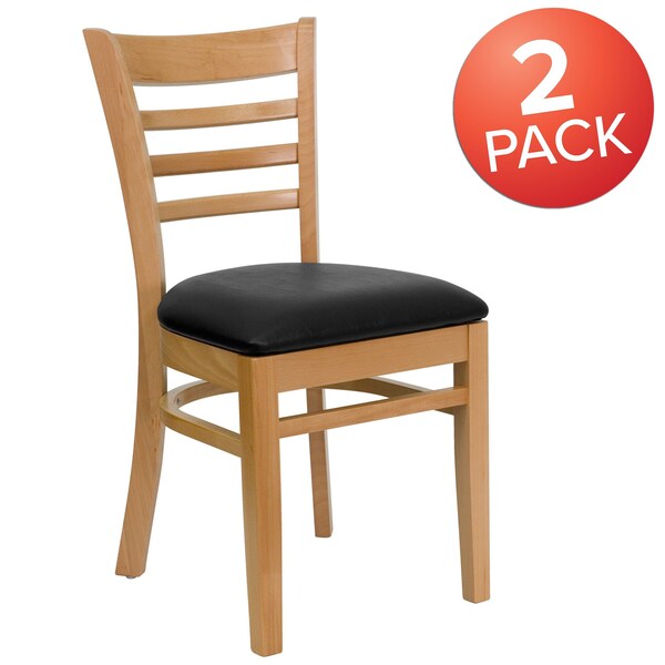 Ladder Back Natural Wood Restaurant Chair, Black Vinyl Seat, PK2