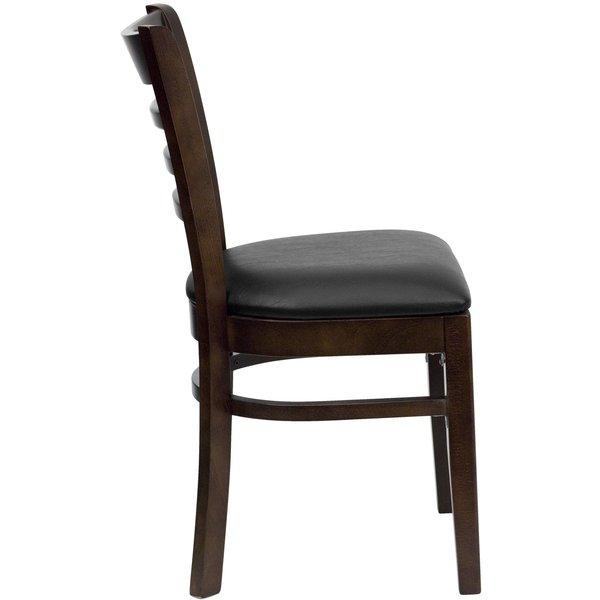 Ladder Back Walnut Wood Restaurant Chair, Black Vinyl Seat, PK2