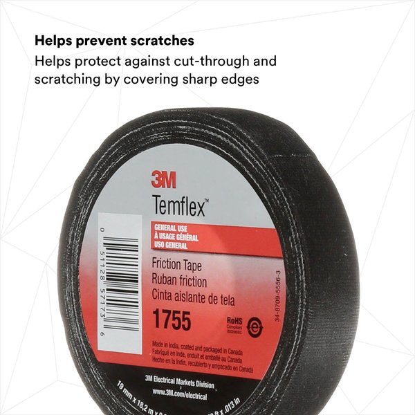Cloth Friction Tape, 1755, Temflex, 3/4 in W x 60 ft L, 13 mil thick, Black, 1 Pack