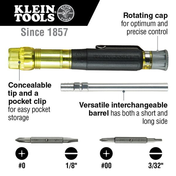 Multi-Bit Electronics Pocket Screwdriver, SAE, 4-In-1 #0, #00, 1/8 in, 3/32 in, 6 1/2 in L