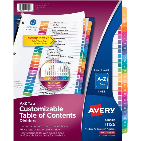 AveryÂ® Ready IndexÂ® Table of Contents Dividers 11125, 26-Tab Set, A-Z