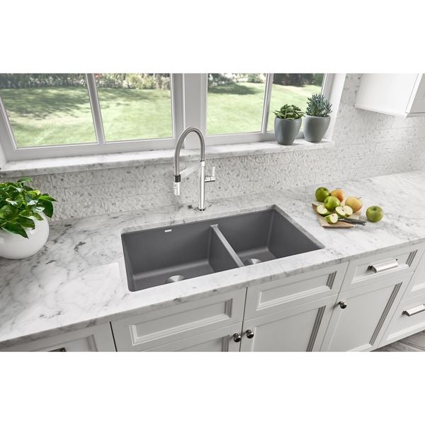 Precis Silgranit 60/40 Double Bowl Undermount Kitchen Sink - Metallic Gray