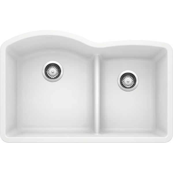 Diamond Silgranit 60/40 Double Bowl Undermount Kitchen Sink with Low Divide - White