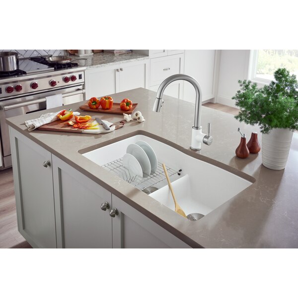 Diamond Silgranit 50/50 Double Bowl Undermount Kitchen Sink with Low Divide - White