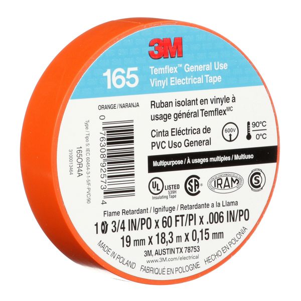 Elec Tape, 60 ft Lx3/4 in W, 6 mil, Orange