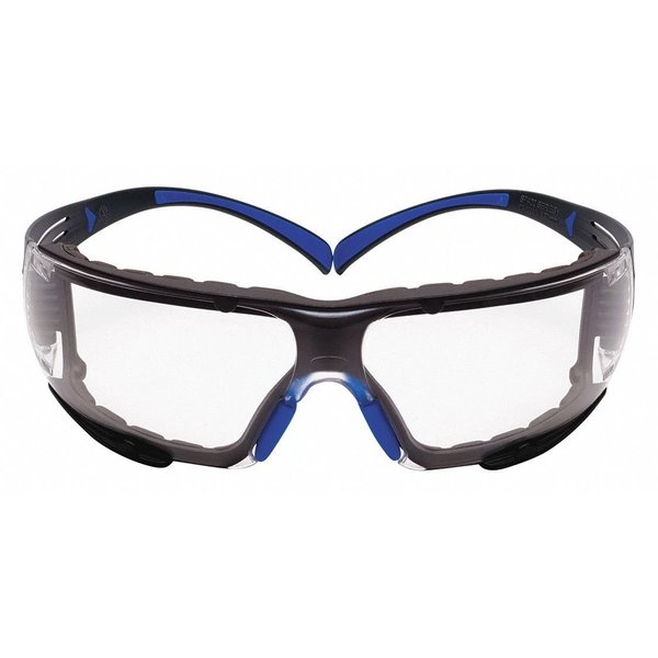 Safety Glasses, SecureFit Series, Scotchgard Anti-Fog, Indoor/Outdoor, Black/Blue Frame, Clear Lens