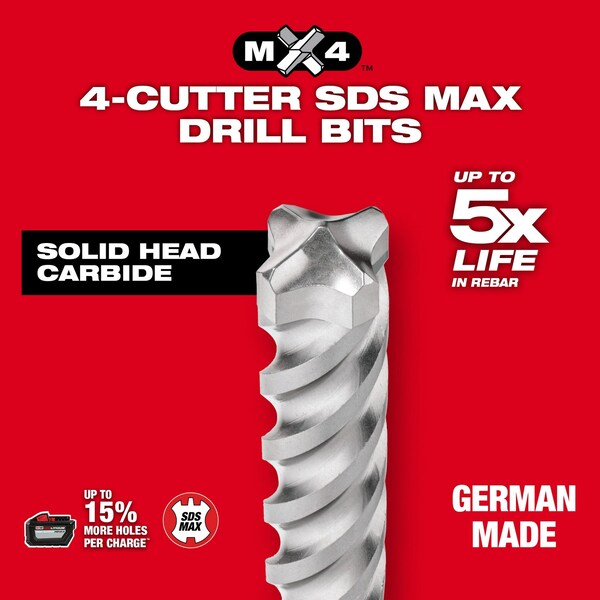 1 in. x 12 x 17 in. 4-Cutter MX4 SDS-MAX Rotary Hammer Drill Bit