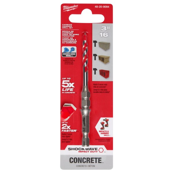 3/16 in. x 4 in. SHOCKWAVE Carbide Hammer Drill Bit for Concrete Screws