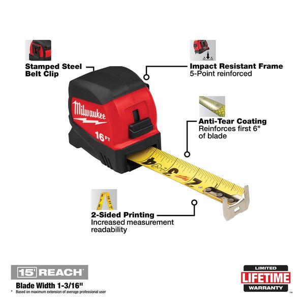 16 ft Tape Measure, 1 1/8 in Blade