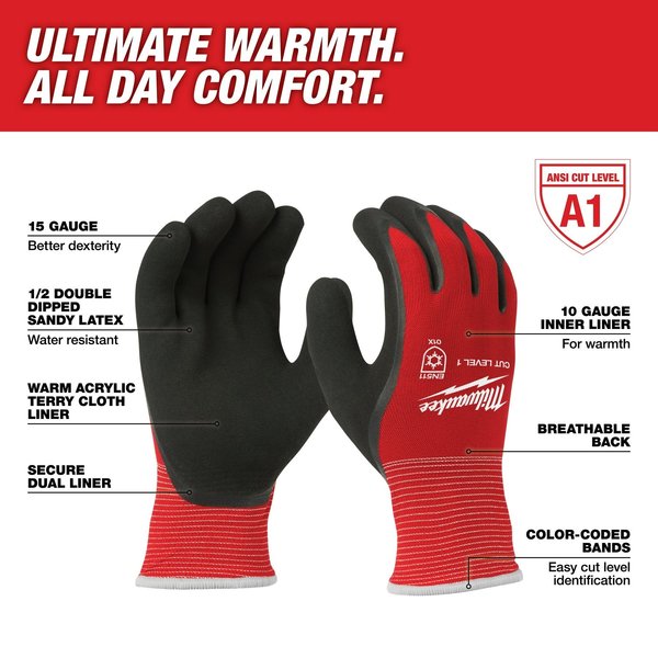 Level 1 Cut Resistant Latex Dipped Insulated Winter Gloves - Small