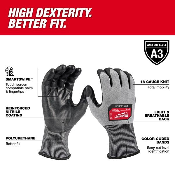 Level 3 Cut Resistant High Dexterity Polyurethane Dipped Gloves - Medium