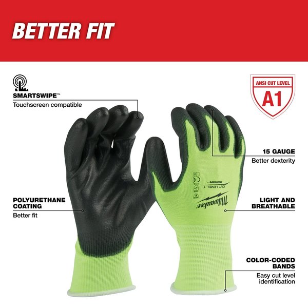 Level 1 Cut Resistant High Visibility Polyurethane Dipped Gloves - X-Large