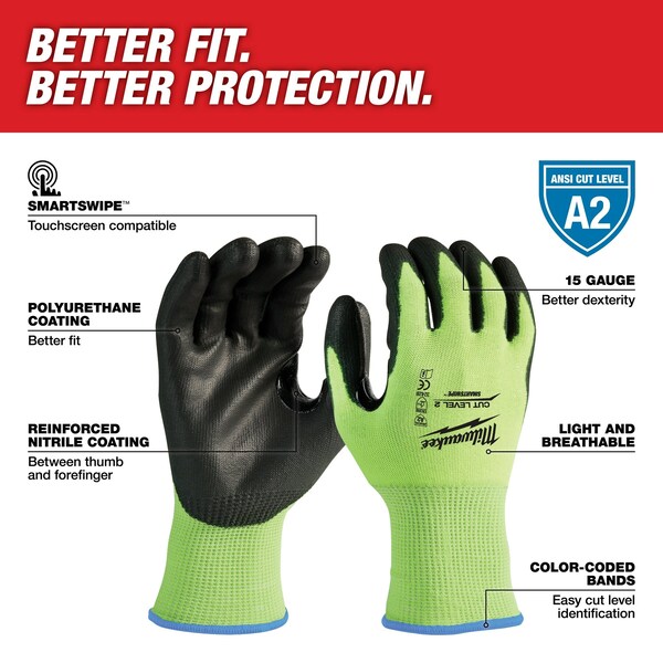 12 Pair High Visibility Cut Level 2 Polyurethane Dipped Gloves  - S