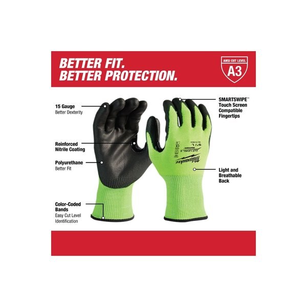 12PK High Visibility Cut Level 3 Polyurethane Dipped Gloves - XL