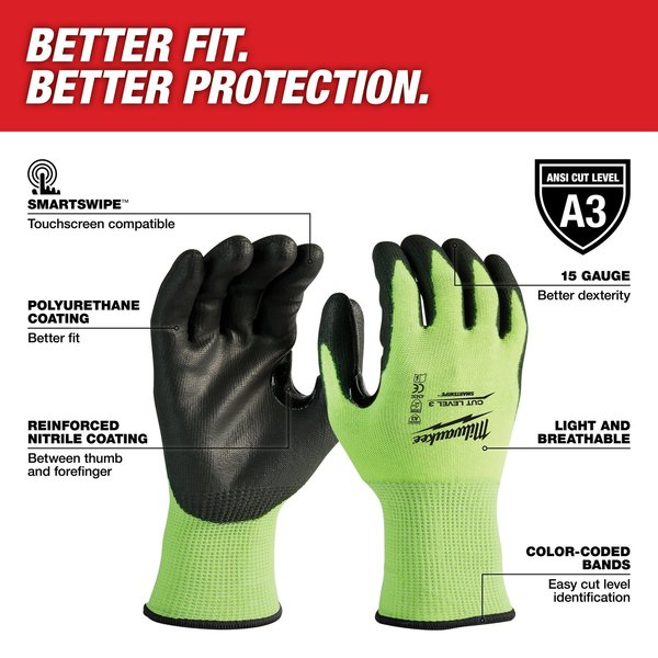 12PK High Visibility Cut Level 3 Polyurethane Dipped Gloves - XXL