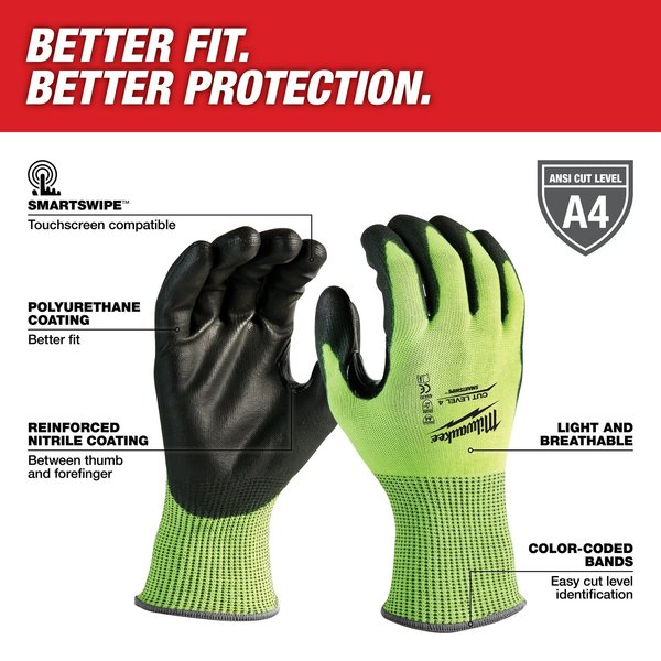 Level 4 Cut Resistant High Visibility Polyurethane Dipped Gloves - Large (12 pair)