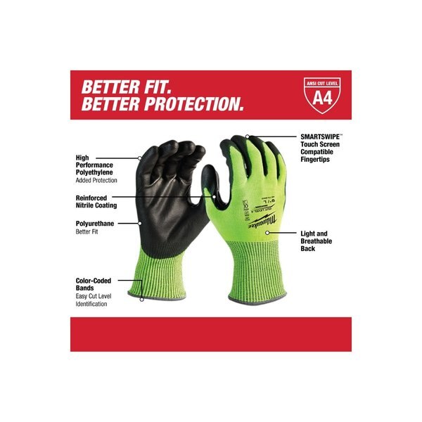 12PK High Visibility Cut Level 4 Polyurethane Dipped Gloves - XL