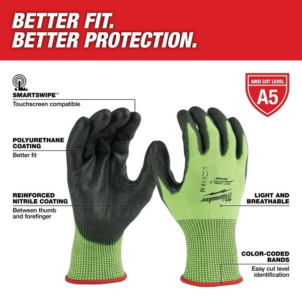 Level 5 Cut Resistant High Visibility Polyurethane Dipped Gloves - Small (12 pair)
