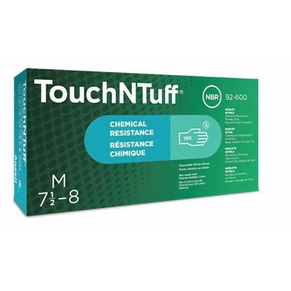 TouchNTuff, 9 1/2 in Chemical Resistant Gloves, Nitrile, Powder-Free, Medium (8), 5 mil, 100 Pack