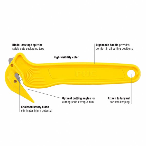 Hook-Style Film Cutter, 6 1/2 in L, Straight Fixed Steel Blade, Ergonomic Plastic Handle, Yellow