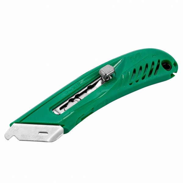 Safety Knife, 3 Fixed Blade Depths, 5 3/4 in L, Safety Point, Steel Blade, Green Plastic Handle