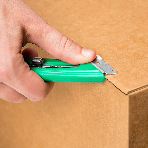 Safety Knife, 3 Fixed Blade Depths, 5 3/4 in L, Safety Point, Steel Blade, Green Plastic Handle