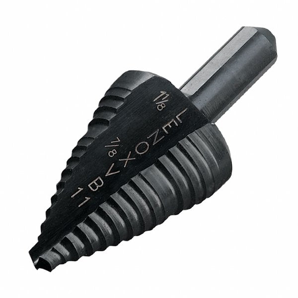Step Drill Bit, 2 Hole Sizes, 7/8 in to 1-1/8 in, 1/4 in Step Increments, Straight with Three Flats
