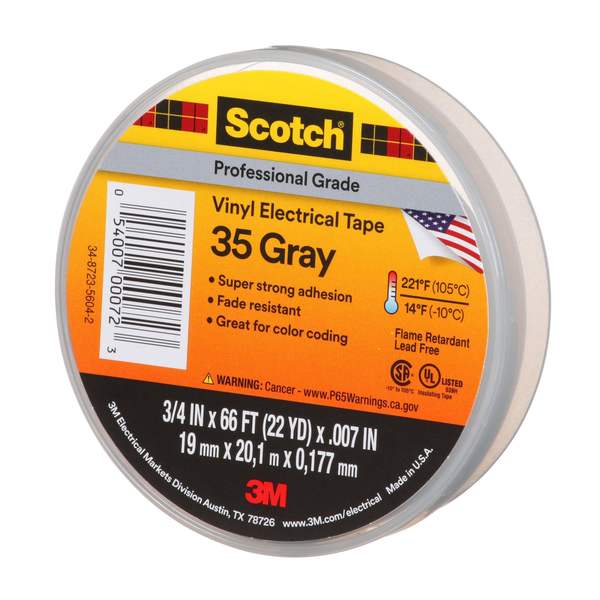 Vinyl Electrical Tape, 35, Scotch, 3/4 in W x 66 ft L , 7 mil thick, Gray, 1 Pack
