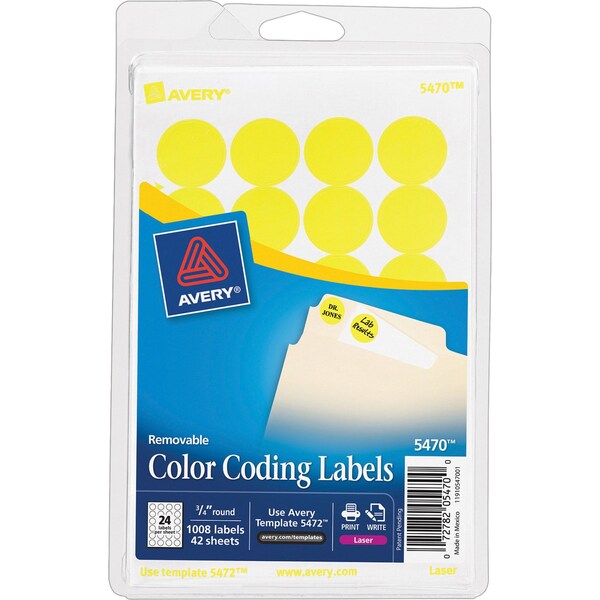 AveryÂ® Neon Yellow Removable Print or Write Color Coding Labels for Laser Printers 5470, 3/4