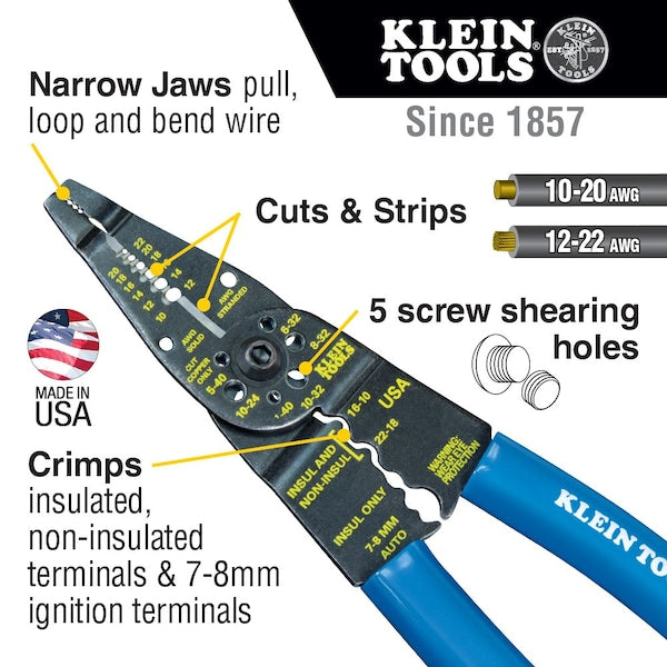 Long Nose Wire Stripper/Crimper/Cutter/Looper, Overall Length 8 1/4 in, Capacity 22 to 10 AWG, Blue