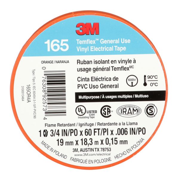 Elec Tape, 60 ft Lx3/4 in W, 6 mil, Orange