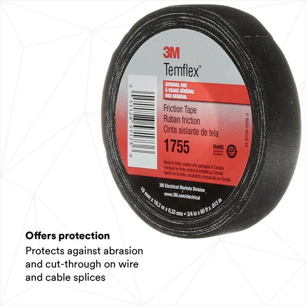 Cloth Friction Tape, 1755, Temflex, 3/4 in W x 60 ft L, 13 mil thick, Black, 1 Pack