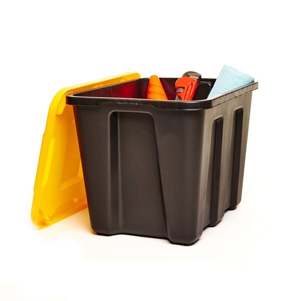 Storage Tote with Snap Lid, Black/Yellow, Polyethylene, 22 1/2 in L, 17 1/2 in W, 16 1/2 in H
