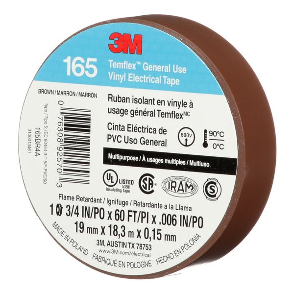 Elec Tape, 60 ft Lx3/4 in W, 6 mil, Brown