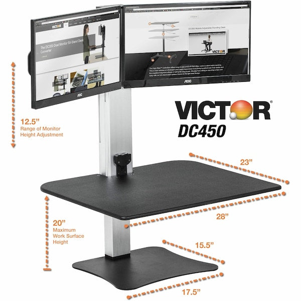 Electric Dual Monitor Standing Desk, 23 in D, 28 in W, Black, Aluminum