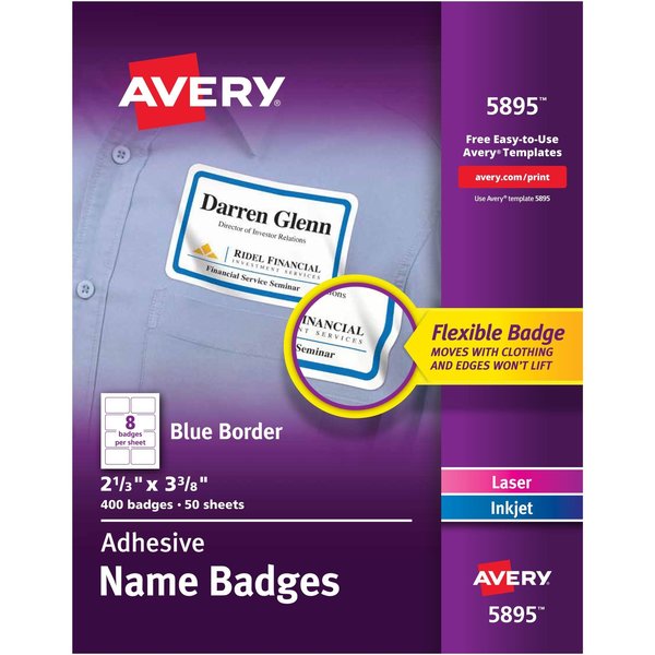 AveryÂ® White Adhesive Name Badges with Blue Border 5895, 2-1/3