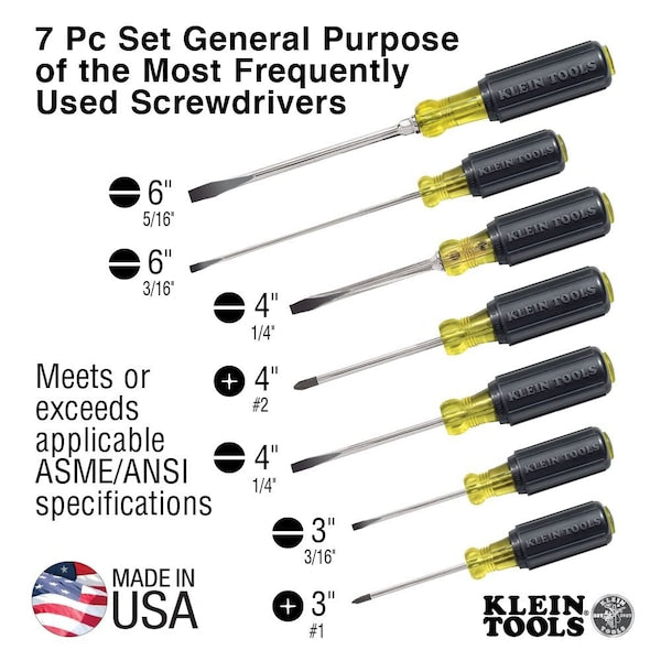 Screwdriver Set, General Purpose, Slotted and Phillips Tip, Steel Shank, Ergonomic Grip, 7-Piece