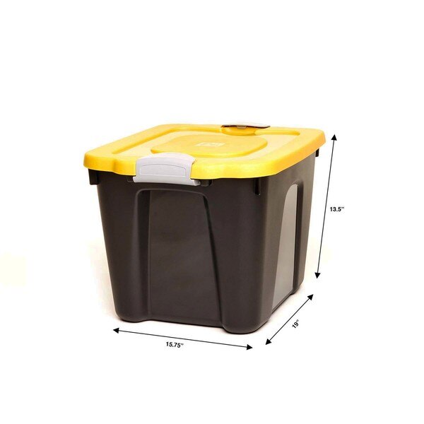 Storage Tote with Snap Lid, Black/Yellow/Gray, Polypropylene, 19 in L, 10 gal Volume Capacity
