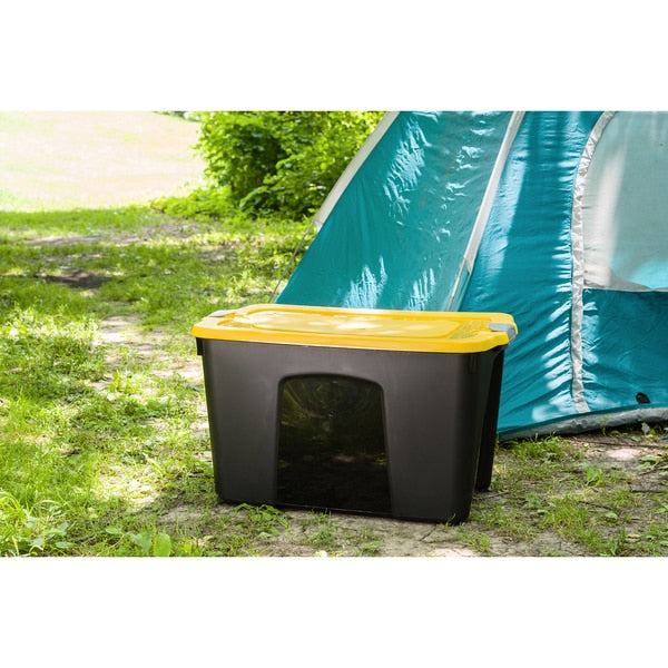 Storage Tote with Snap Lid, Black/Yellow/Gray, Polypropylene, 18 7/8 in W, 17 1/4 in H