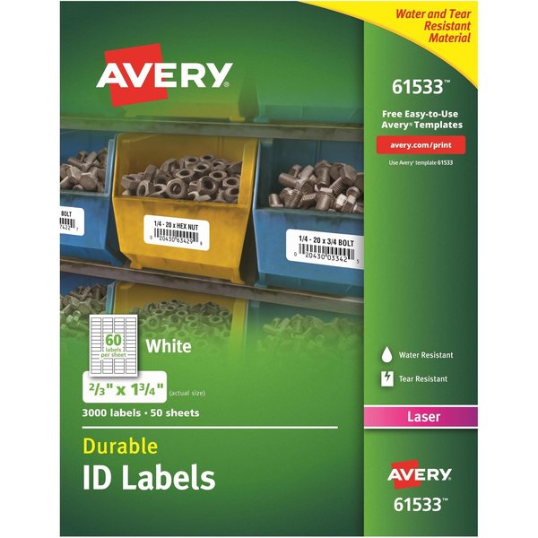 AveryÂ® Durable ID Labels with TrueBlockÂ® Technology, 61533, Laser, 2/3