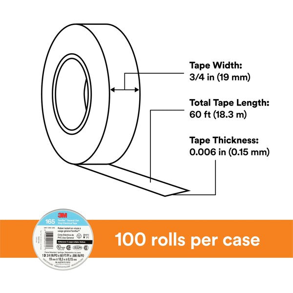 Elec Tape, 60 ft Lx3/4 in W, 6 mil, Gray