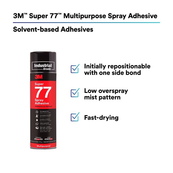 Spray Adhesive, 16.75 fl oz, Aerosol Can, Clear, Super 77