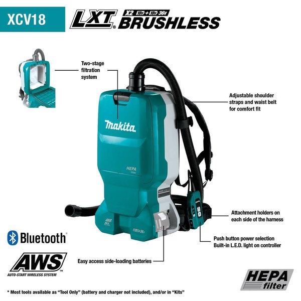 36V (18V X2) LXTÂ® Brushless 1.6Gal HEPA Backpack Vacuum, AWSâ¢