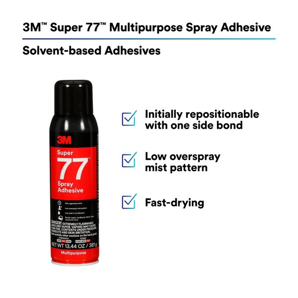 Spray Adhesive, 13.44 fl oz, Aerosol Can, Clear, Super 77