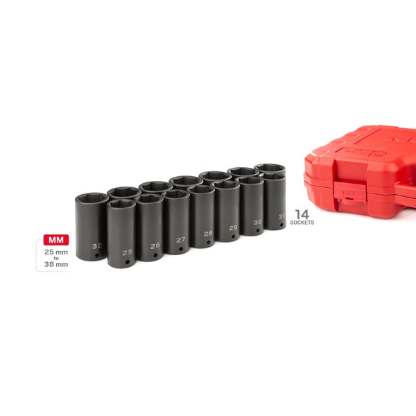 1/2 Inch Drive Deep 6-Point Impact Socket Set, 14-Piece (25-38 mm)