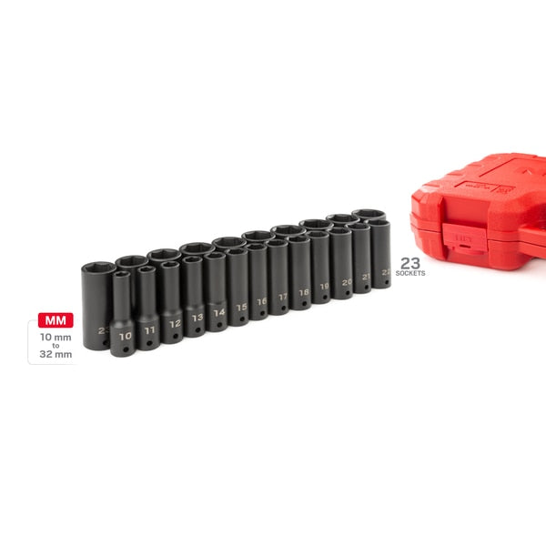 1/2 Inch Drive Deep 6-Point Impact Socket Set, 23-Piece (10-32 mm)