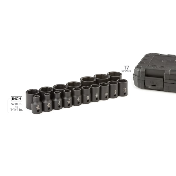 1/2 Inch Drive 6-Point Impact Socket Set, 17-Piece (5/16 - 1-1/4 in.)